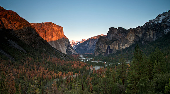 Yosemite Valley mist at sunset
